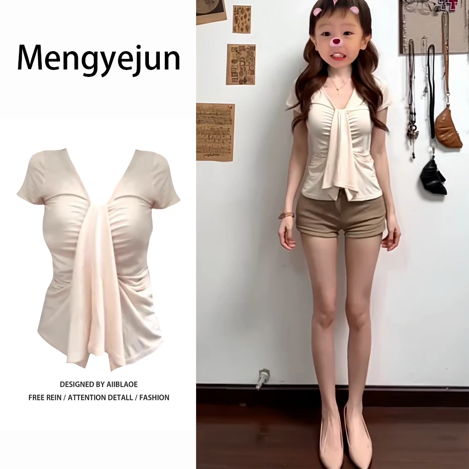 纯欲风辣妹V领正肩短袖t恤女夏季设计感绑带褶皱收腰修身显瘦上衣