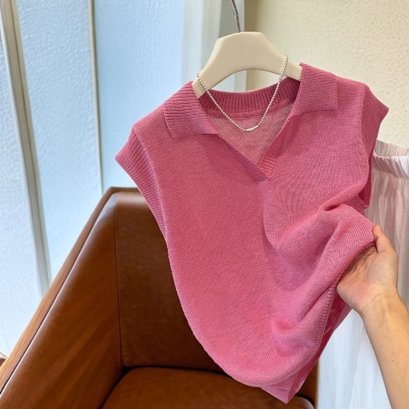 KHY1032夏季宽松大码Polo领无袖针织衫女显瘦百搭针织短袖上衣