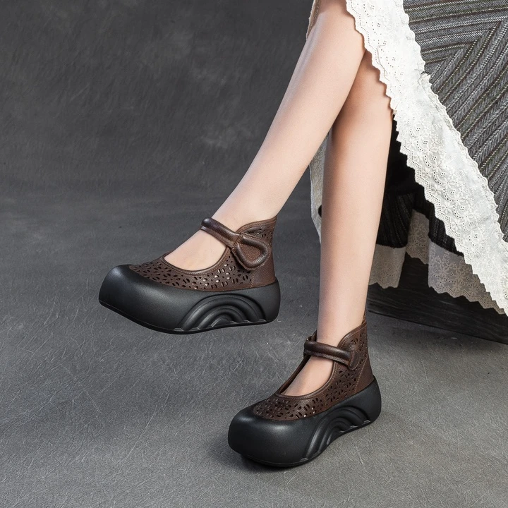 2025春夏新款文艺风松糕跟高帮凉鞋罗马凉靴镂空透气女鞋复古