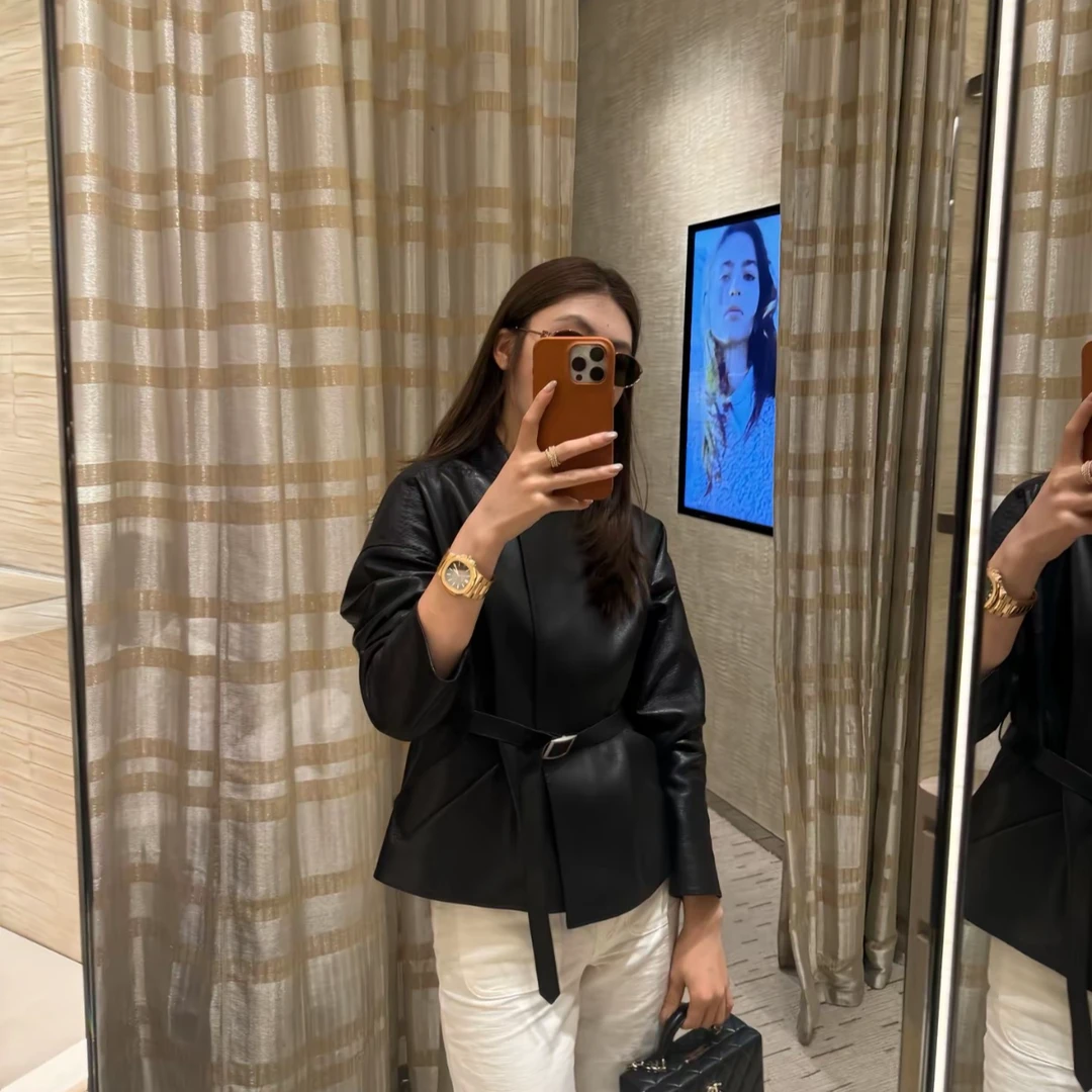 【ASHLEYASS】“史密斯”荔枝纹皮衣腰带低温悬垂性外套LSS250061S