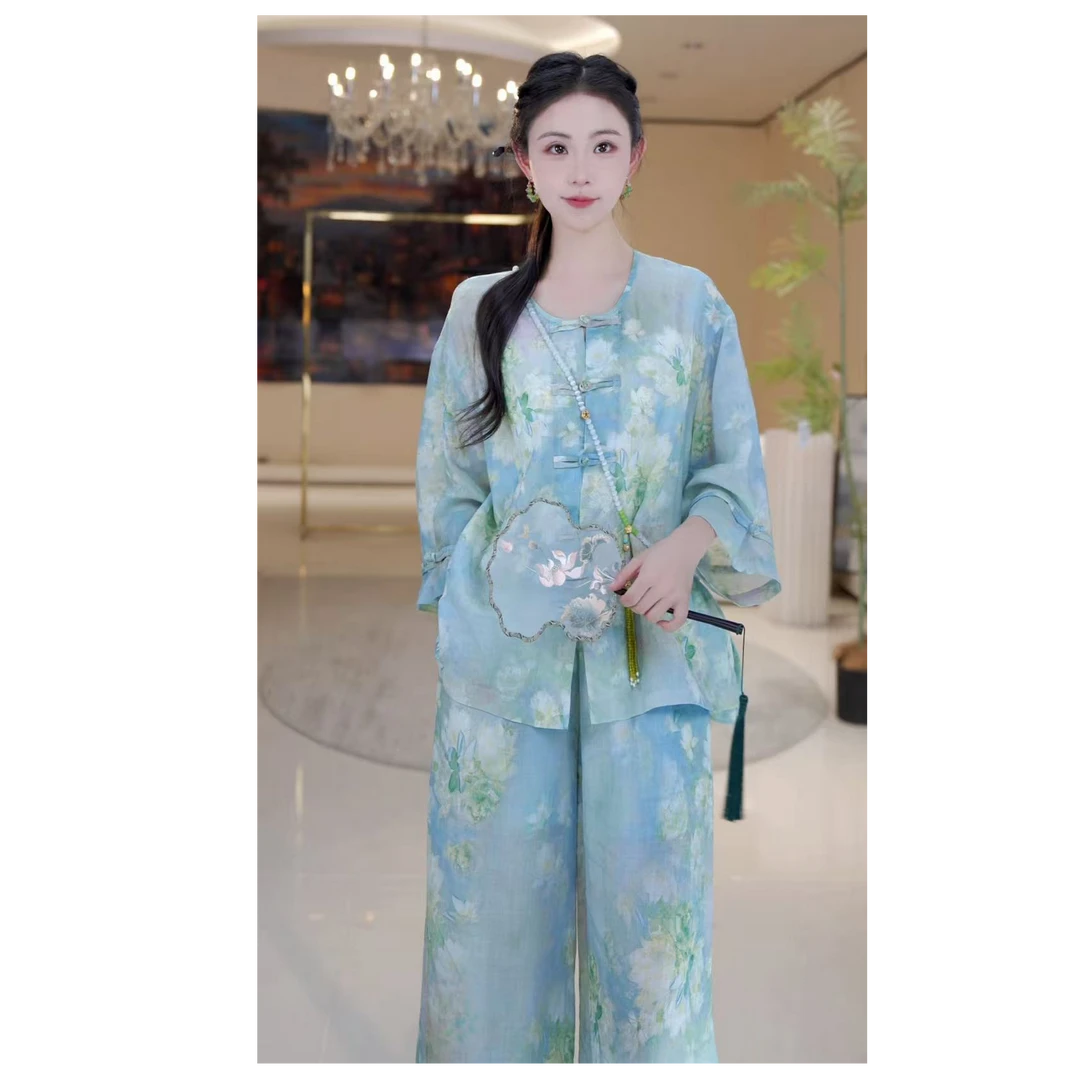 【北栀】【荷塘月色】国风盘扣印花休闲套装814498+814499