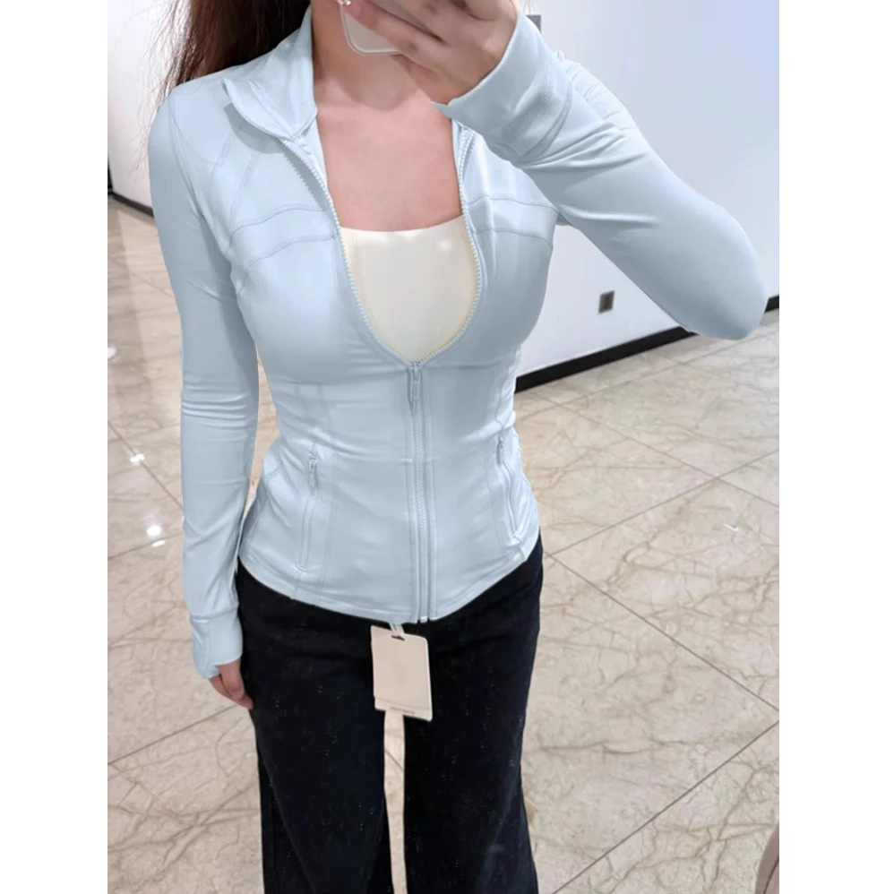 蓝色防晒衣女款2025新款修身立领防晒服瑜伽服上衣紧身收腰冰丝款