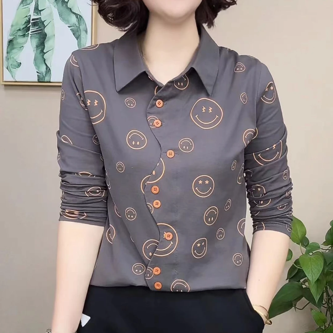 2025春秋气质百搭显瘦新款时尚洋气印花翻领长袖女士上衣