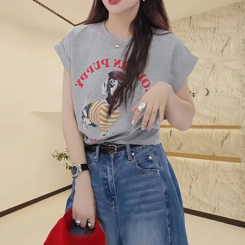 喜鹊登梅款短袖针织衫洋气时尚低圆领新款高端大码小衫宽松上衣