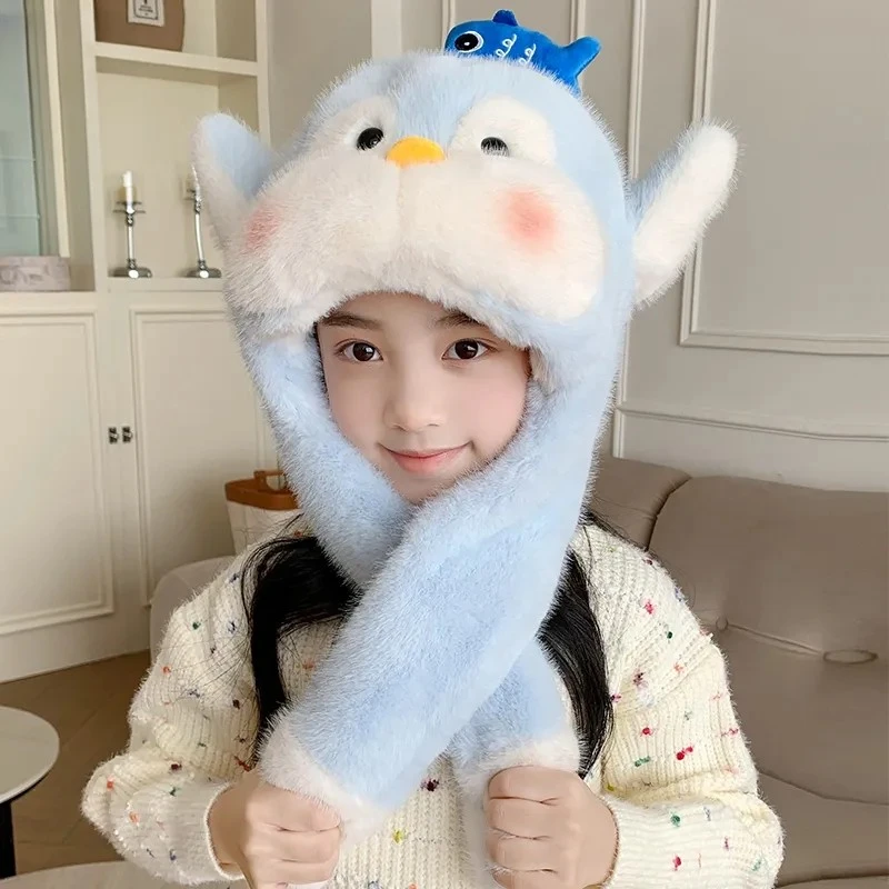 冬季毛茸茸儿童企鹅帽子连围巾一捏就会动会叫保暖防寒亲子帽子