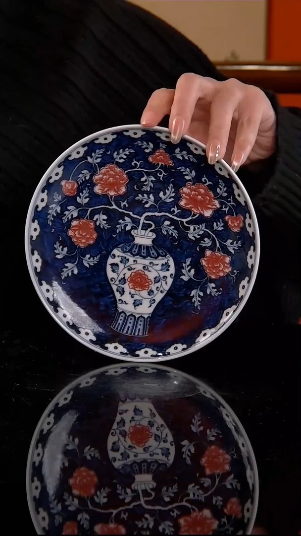 刻画堂青花釉里红花瓶壶承
