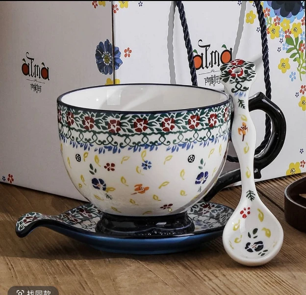 阿勒玛 新疆包邮【多彩生活】手绘盘防烫加厚680ML早餐杯家用