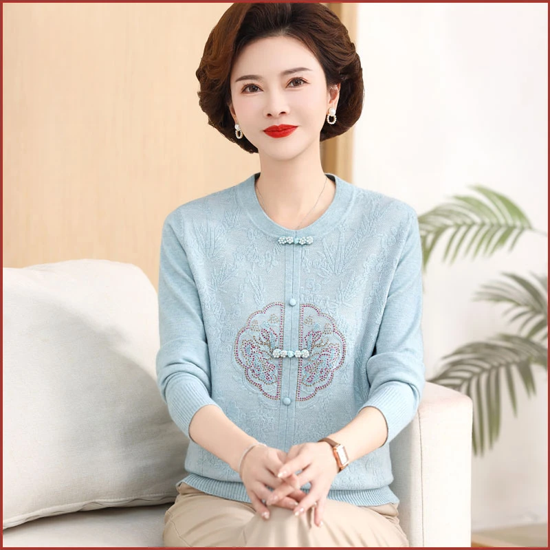 妈妈春秋装针织衫加绒毛衣中老年女士打底衫外穿上衣新中式两件套