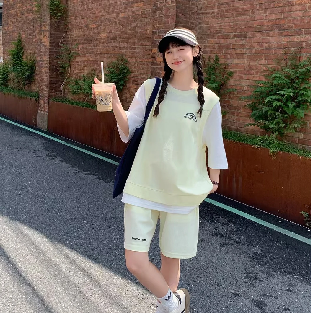 99017高端专享夏款天花板短袖套装黄色（B）
