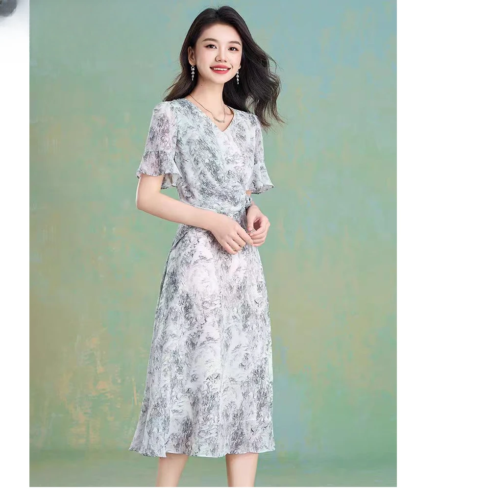 【依帆专属】F370夏季高腰印花蕾丝连衣裙修身气质长裙碎花通勤气质