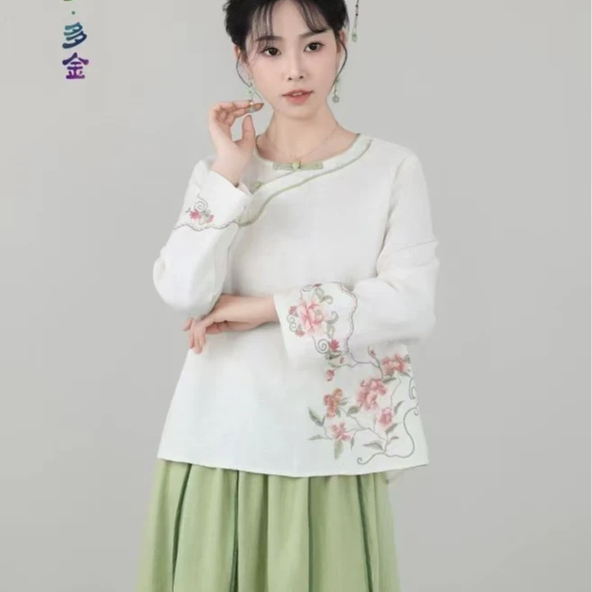 2025年新春款圆领中式国风拼色喇叭袖亚麻小衫