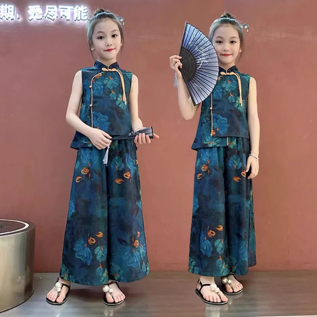 女童夏季套装2025新款洋气女孩国风新中式儿童汉服复古休闲两件套