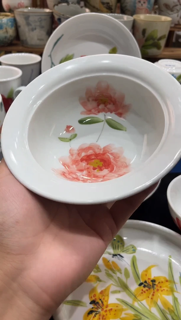 陶瓷景德镇高温釉下手工手绘高白泥陶瓷草帽炖盅牡丹花