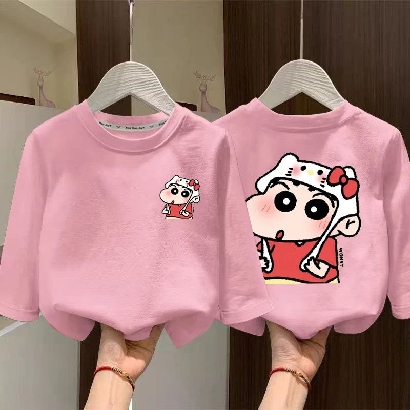 2025春秋新款纯色圆领打底衫长袖男女童宝宝卡通蜡笔小新印花上衣