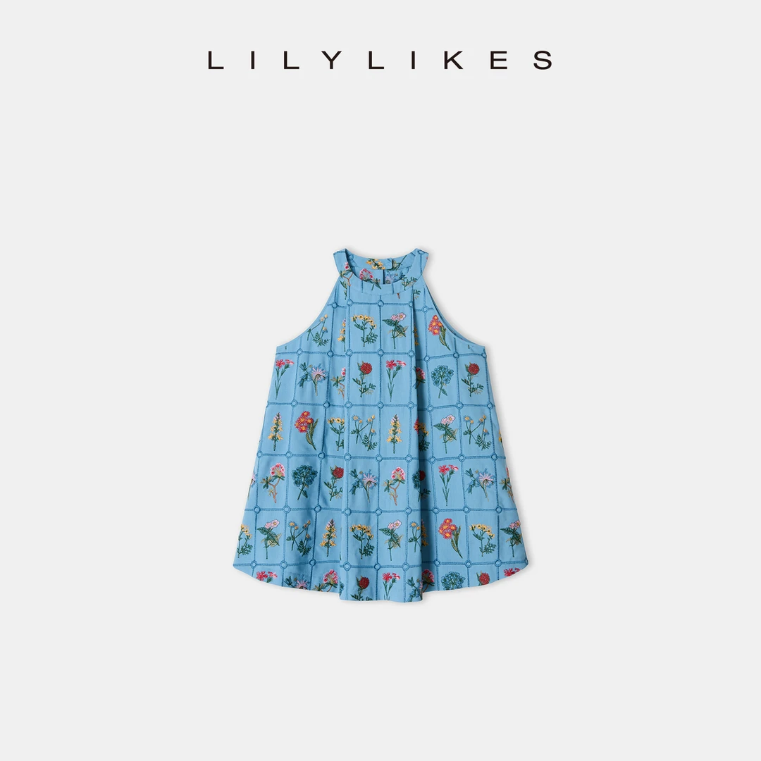【LILYLIKES】油画少女 复古蓝刺绣无袖挂脖上衣