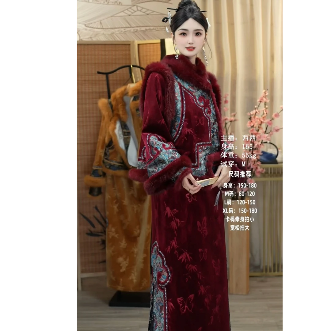 羽唐名2024冬季新款红色加绒复古日常女装裙子（2444+2454）