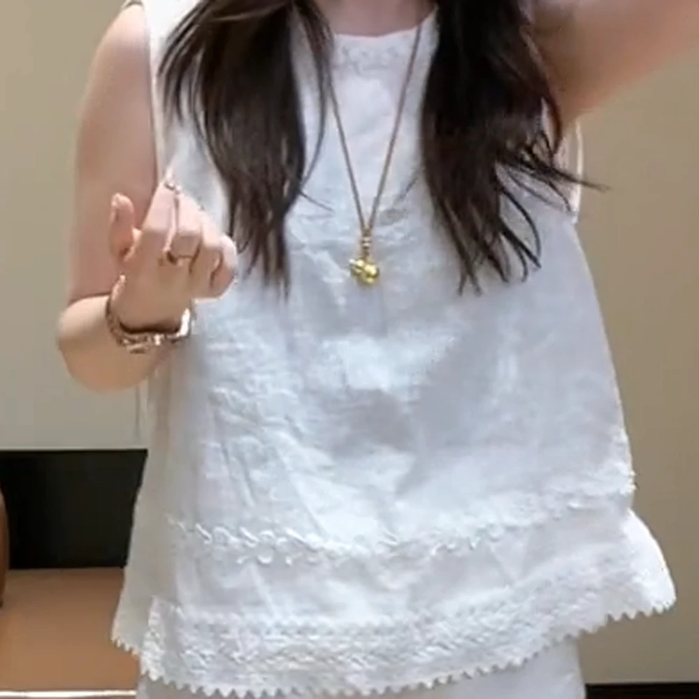 夏季新款刺绣花边圆领无袖宽松百搭上衣中国风