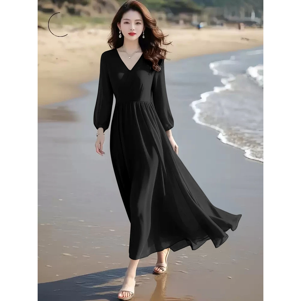 黑色真丝连衣裙春夏季新款收腰显瘦高档大摆海边度假沙滩裙长裙子