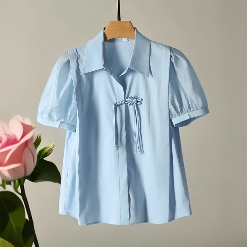 【魔】剪标莱赛尔半开领拼接泡泡袖纯色轻薄上衣女士105品牌折扣25