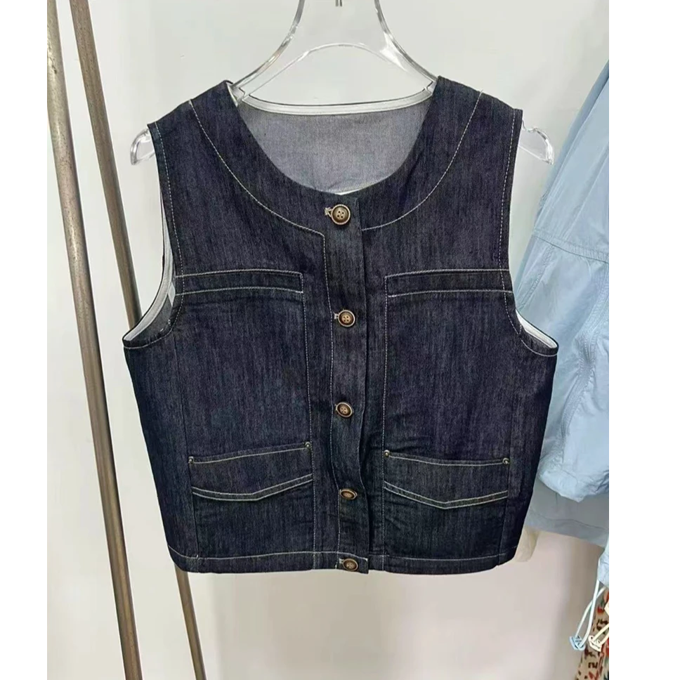 宝丫轻奢  T女式时髦简约明线圆领牛仔马甲背心K2818