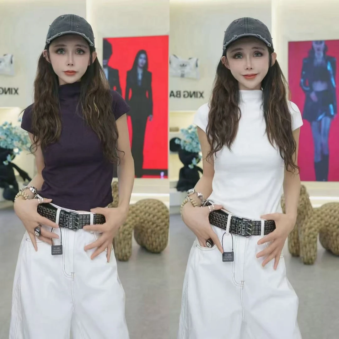 星宝定制高冷色系半高领短袖T恤四季可穿新款欧货修身显瘦上衣