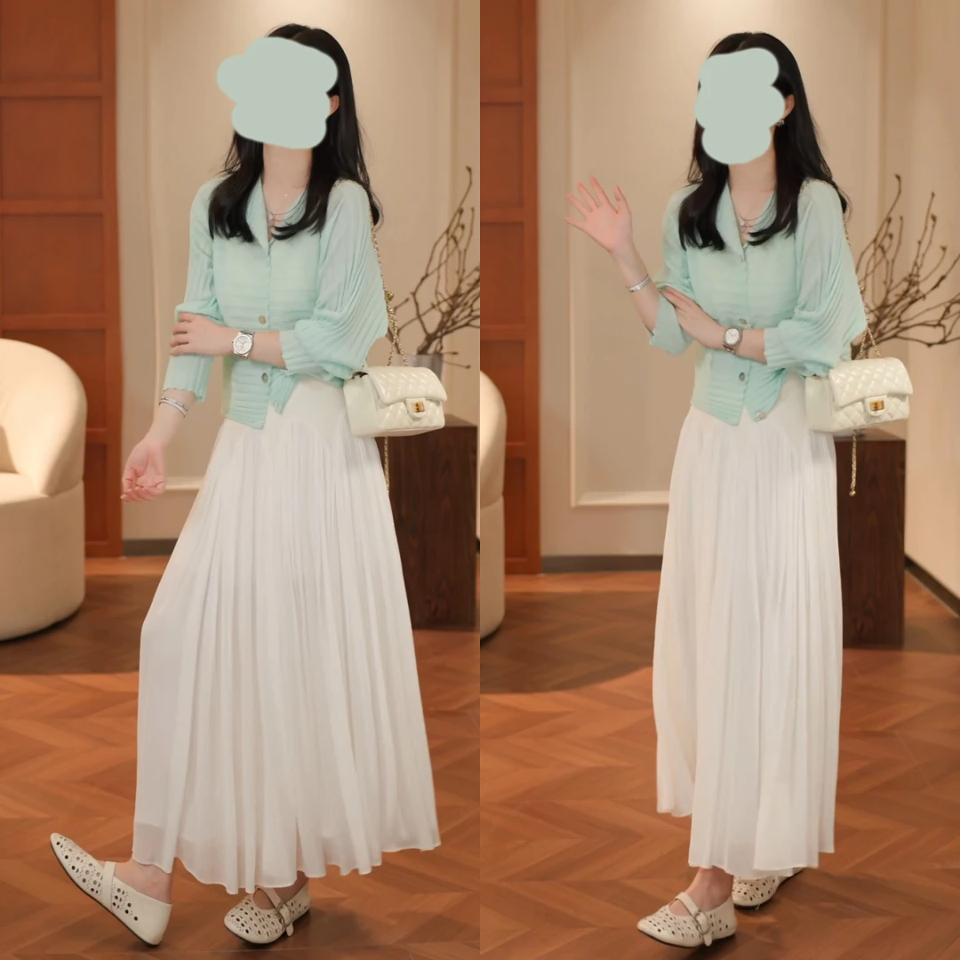 气质知性优雅套装女针织开衫百褶半身裙两件套2025夏季时尚洋气