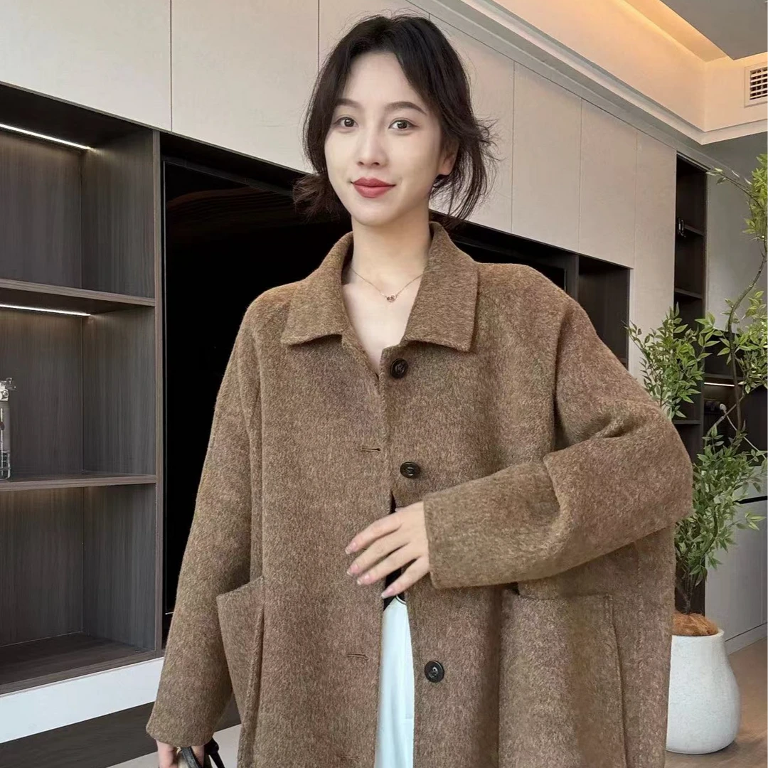 正品欧版立体3D大口袋绵羊毛大衣女长款定制气质时尚百搭女士长款