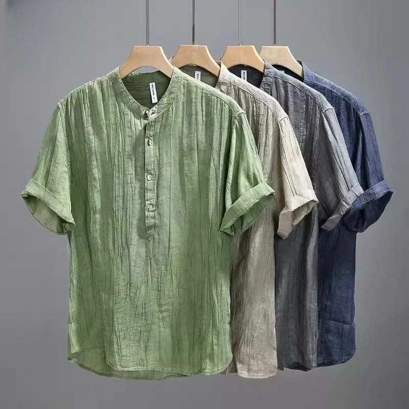 日系复古压皱苎麻翻领短袖男士衬衫夏季纯色舒适棉麻半袖薄款衬衣
