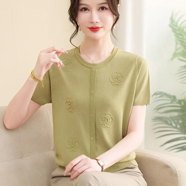 中老年夏装天丝t恤女士圆领绣花短袖大码T恤宽松休闲上衣薄款打底