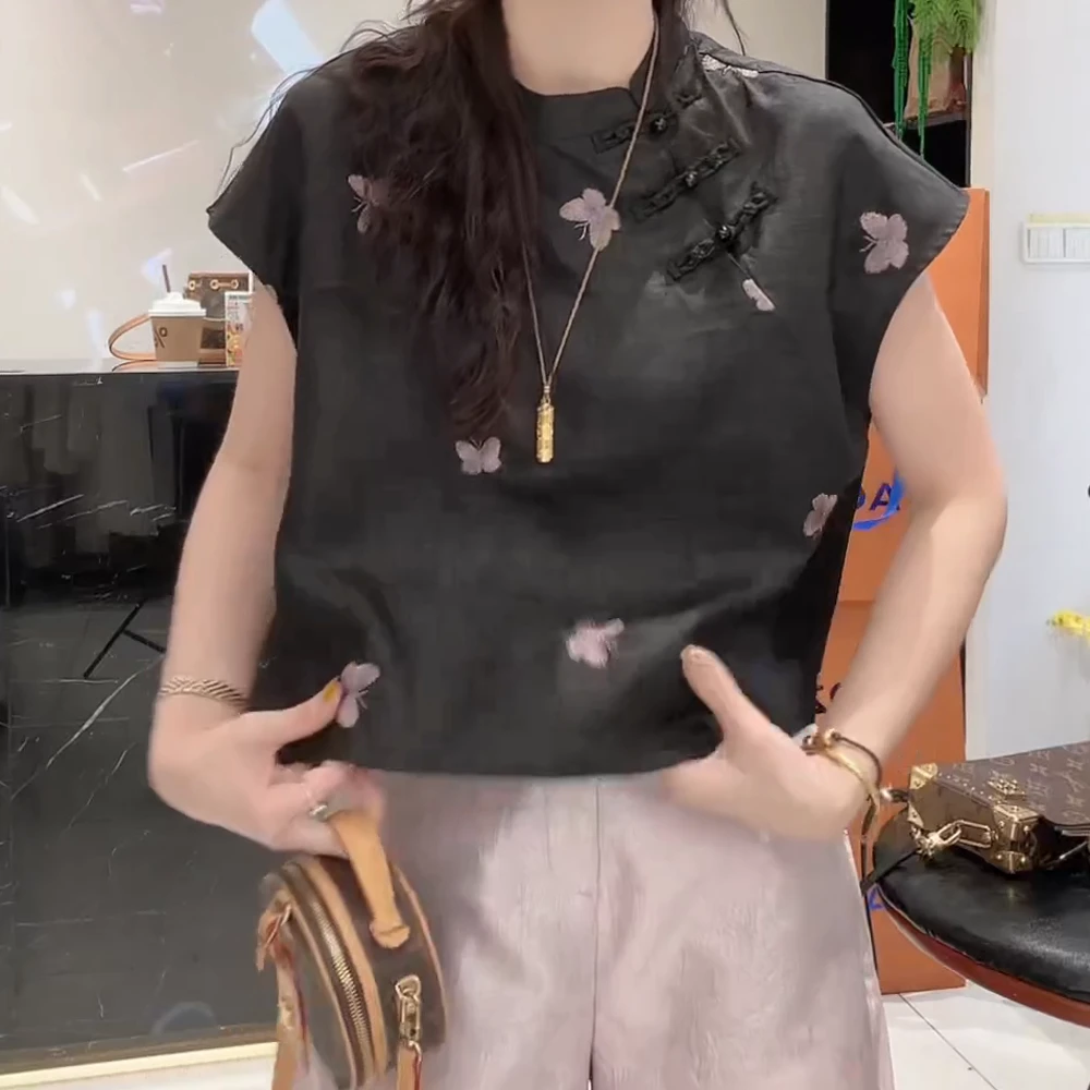 夏季新中式优雅气质龟裂纹刺绣短袖上衣