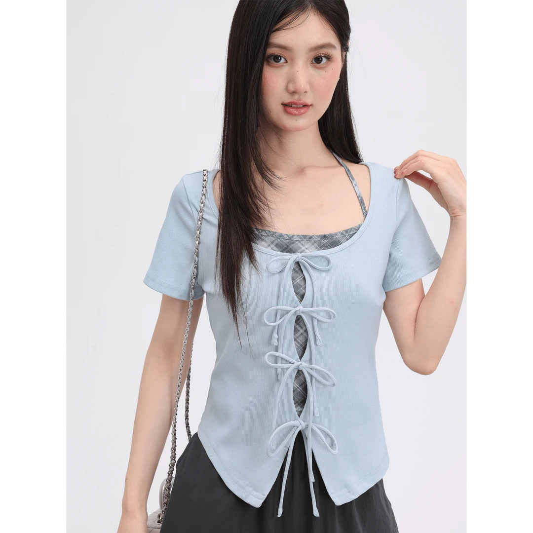 爱蔷薇大码短袖t恤女夏季2025新款挂脖吊带拼接假两件上衣GT77479