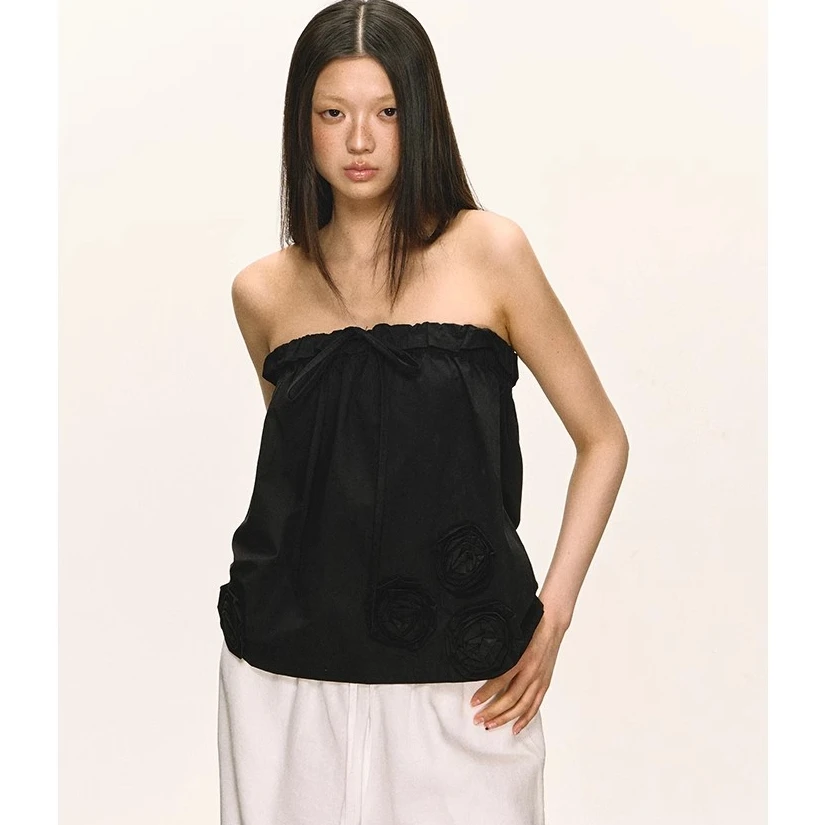 挂脖抹胸背心女两穿夏季花朵蝴蝶结露背黑色上衣