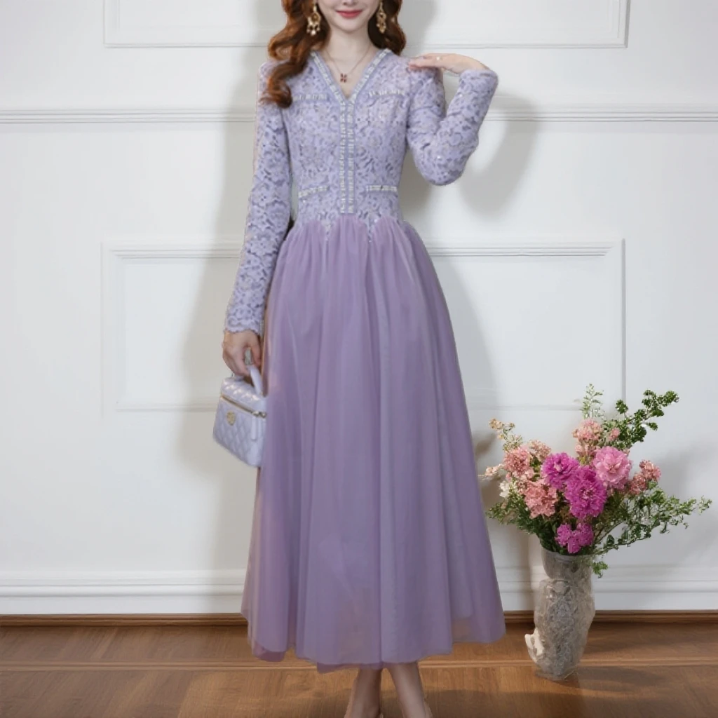 新款V领法式夏季显瘦轻熟风拼接气质连衣裙A字裙45470