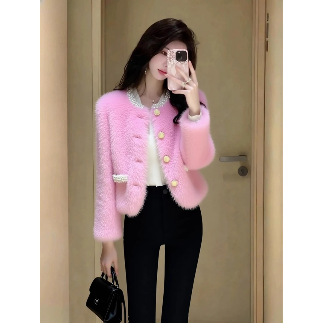 粉色小香风毛绒外套2025新款今年流行爆款高端时髦洋气保暖上衣女