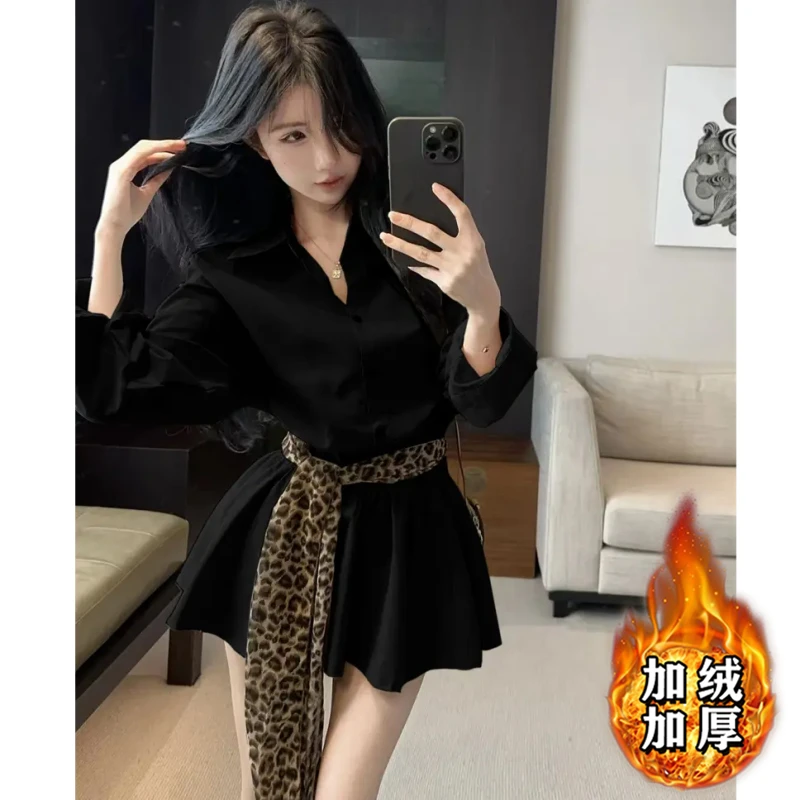 【加绒加厚】【含腰带】长袖秋季衬衫裙高腰收腰别致法式连衣裙DM0269