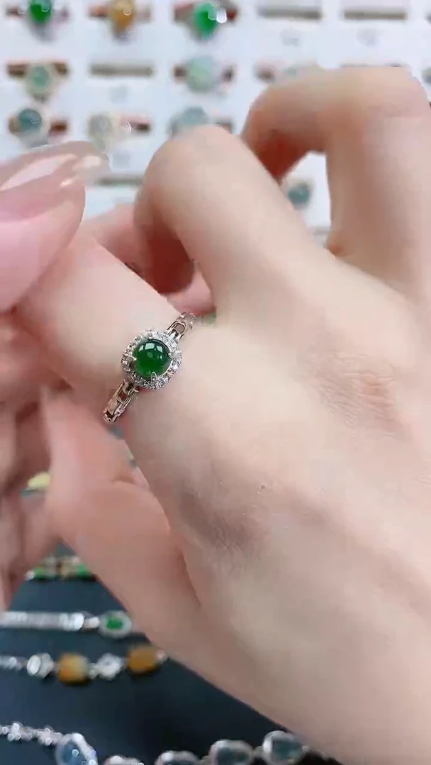 银S925镶嵌戒指翡翠 天然翡翠