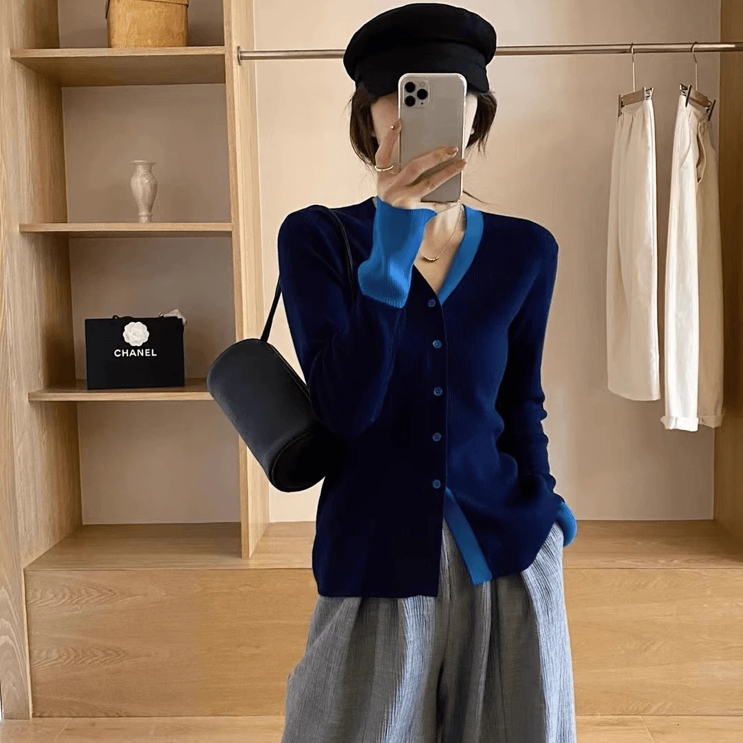 针织衫2025早秋新季款时尚撞色修身显瘦单排扣长袖毛衣开衫上衣女