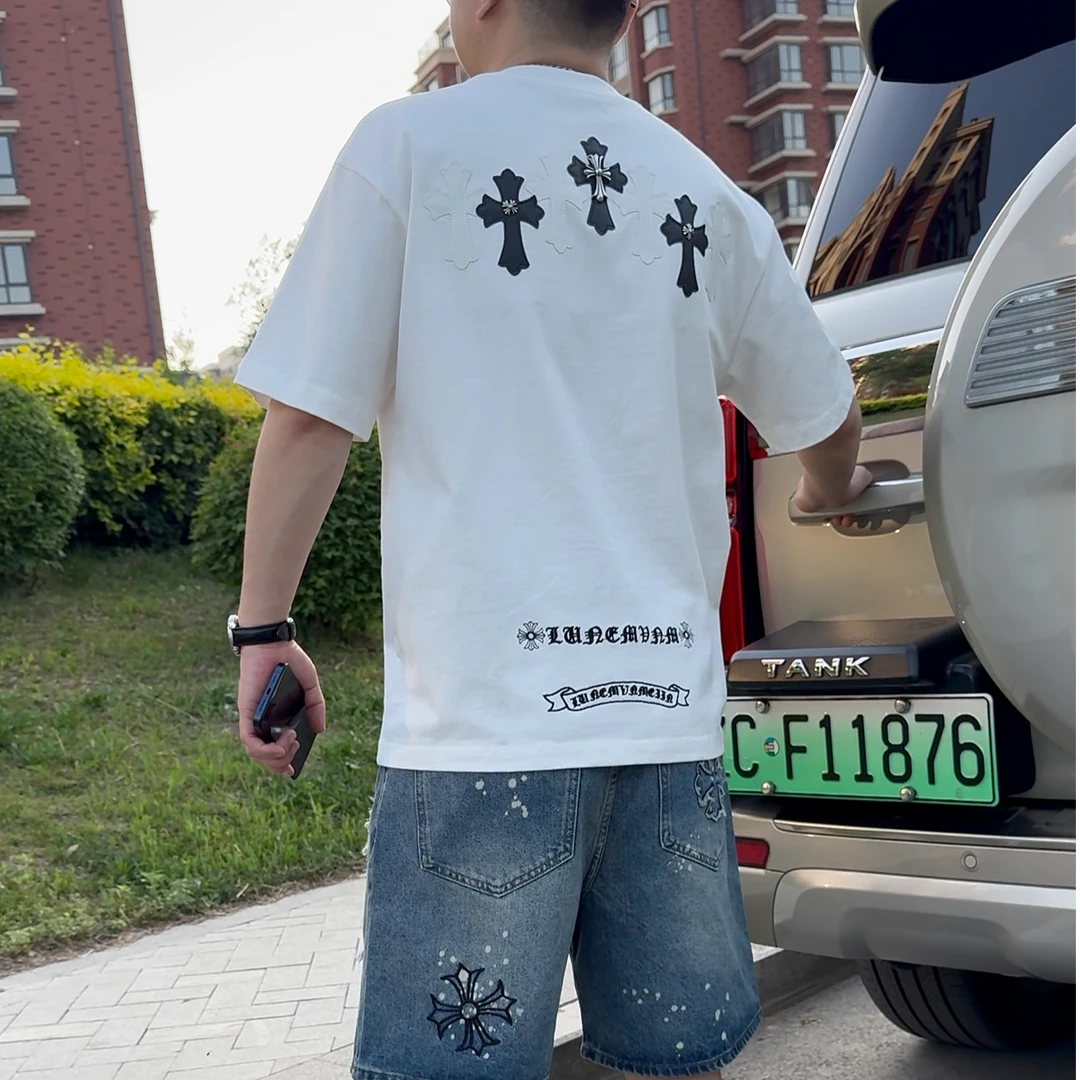 高端系列重工潮牌男士短袖T恤拼皮刺绣t恤半袖休闲时尚潮流6016