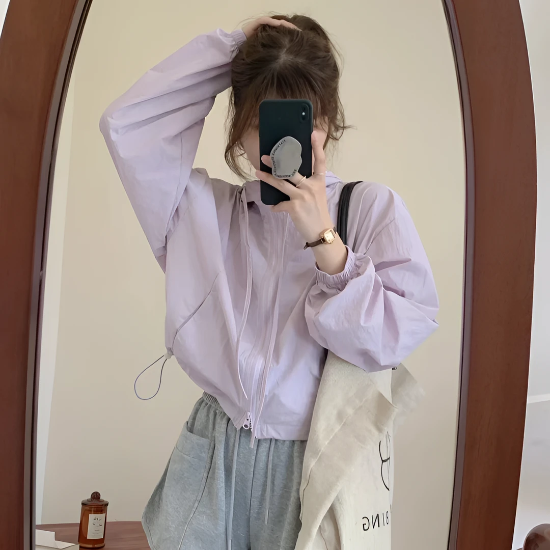 百搭连帽休闲短款防晒衣女2025夏季透气薄款防紫外线宽松防晒上衣