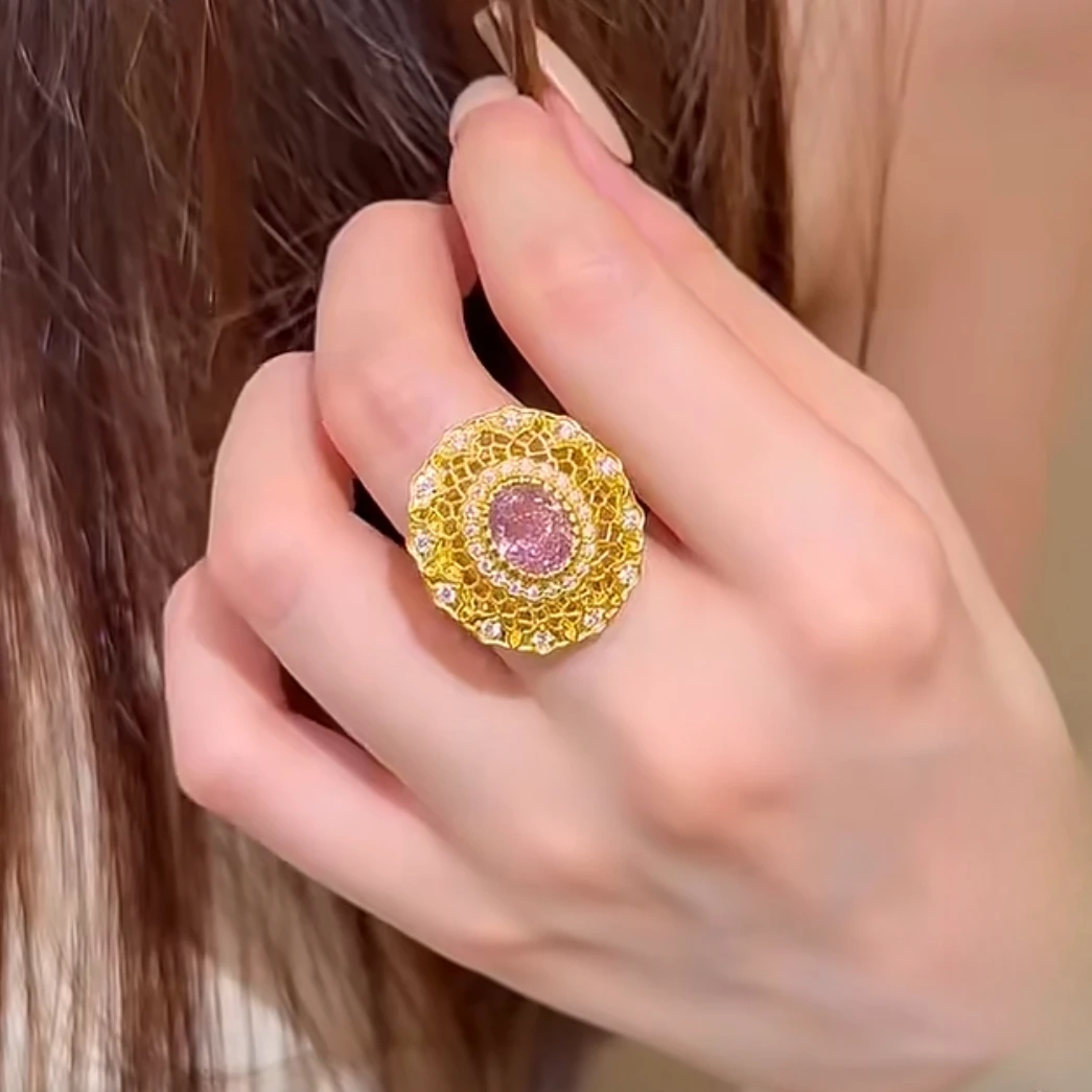 黄金足金999 紫粉色椭圆银河闪耀黄金戒指星网精美大气
