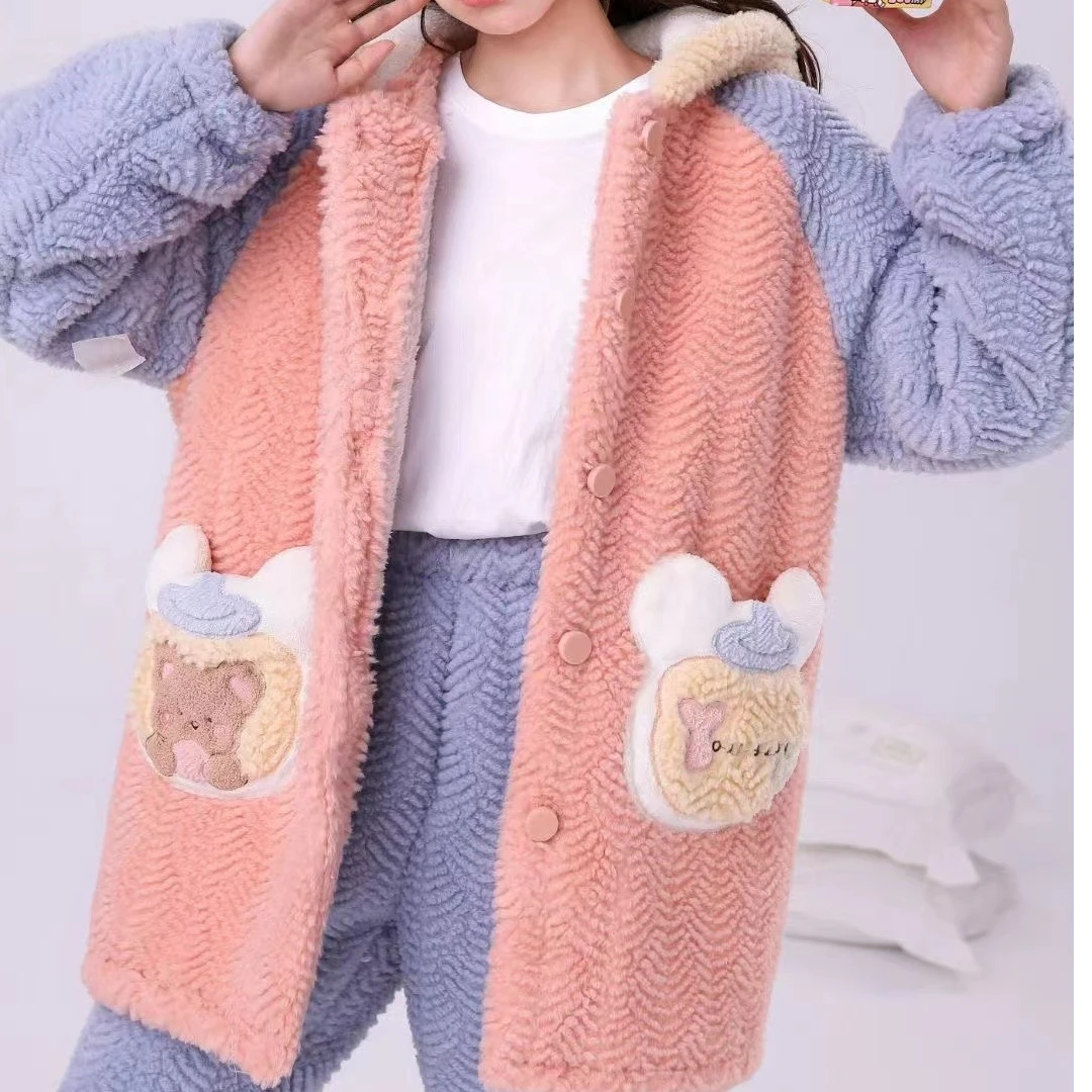 冬季女士拼接麦穗绒保暖口袋卡通睡衣套装（5517）