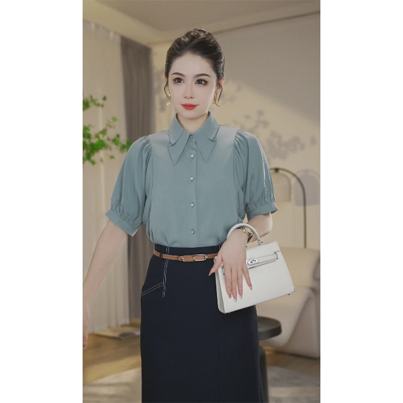 【曼曼甄选】欧若风8392122湖水绿衬衫女气质时尚小众法式衬衣