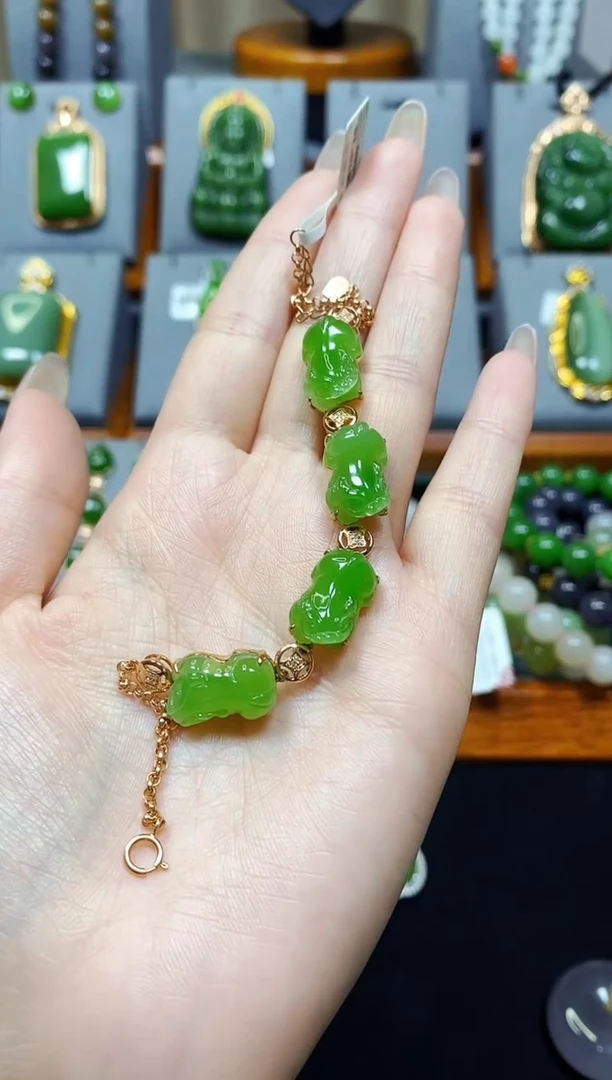【闪购商品】和田玉苹果绿貔貅手链18K金镶嵌*玫瑰金色