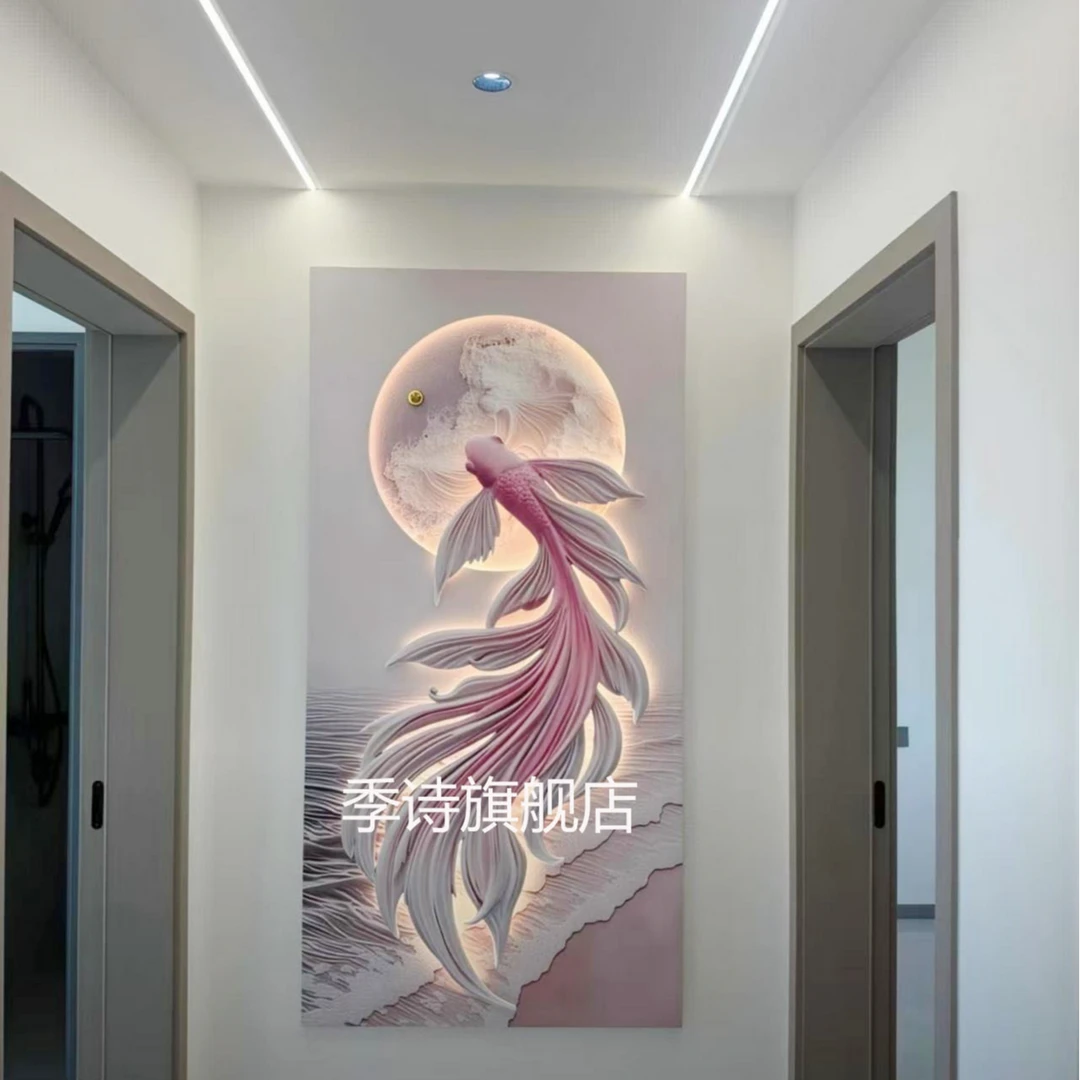 玄关立体浮雕装饰画奶油风高端砂岩画锦鲤鱼入户走廊过道灯光挂画