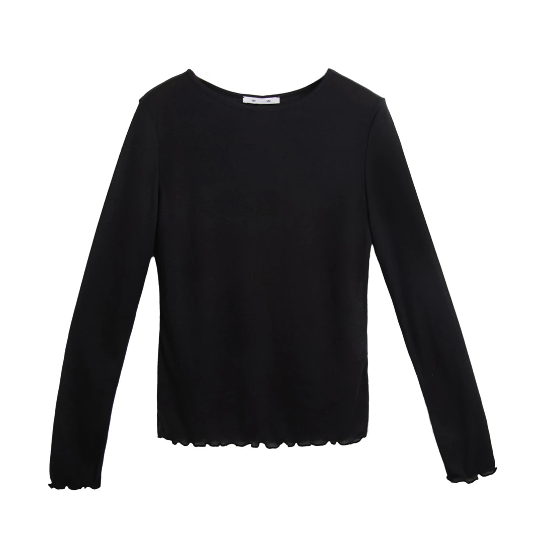 Miss D'Luxe【董小姐】软糯褶皱波浪木耳边修身显瘦长袖T恤-2468