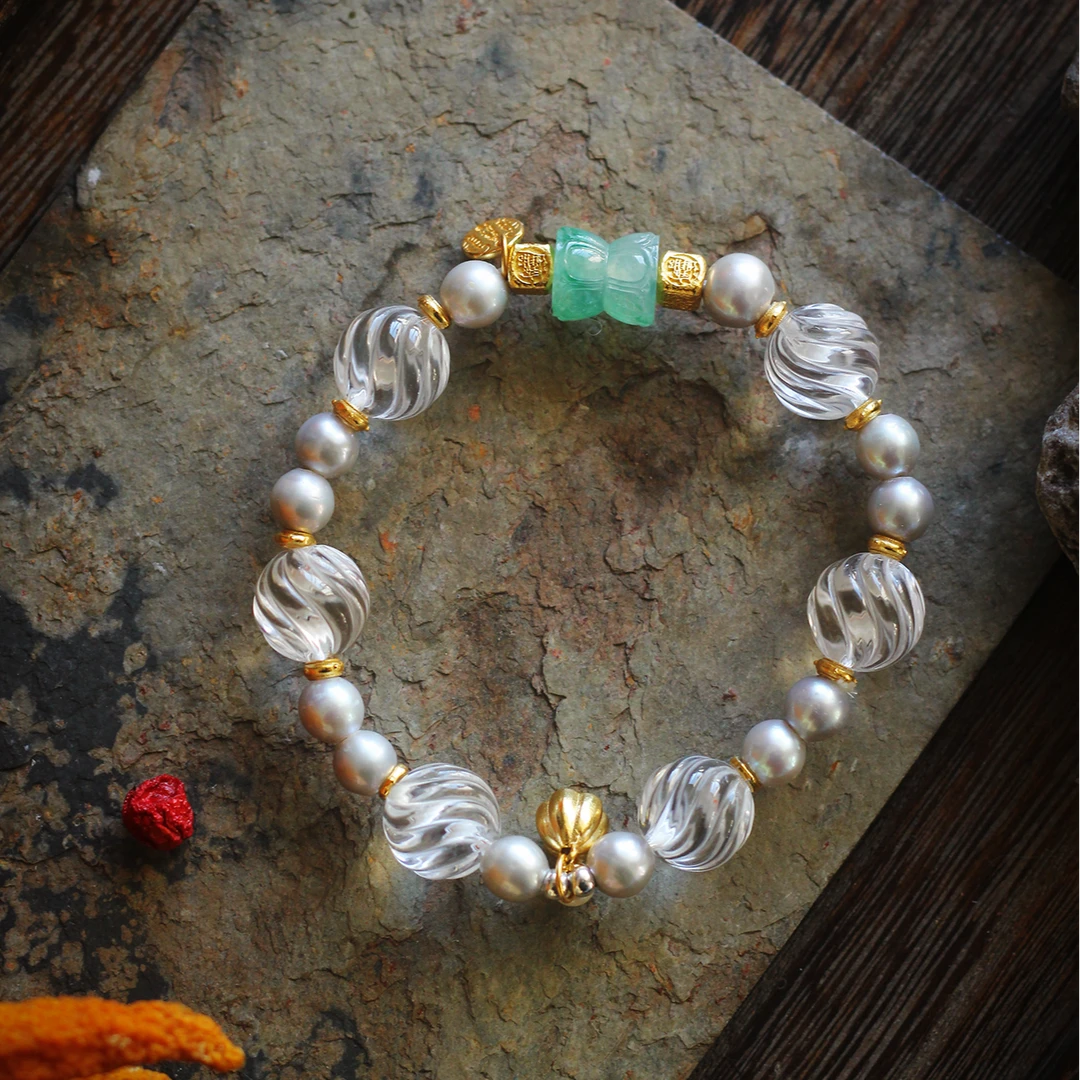 山肆莲花 冰糯种水绿色翡翠水晶手串