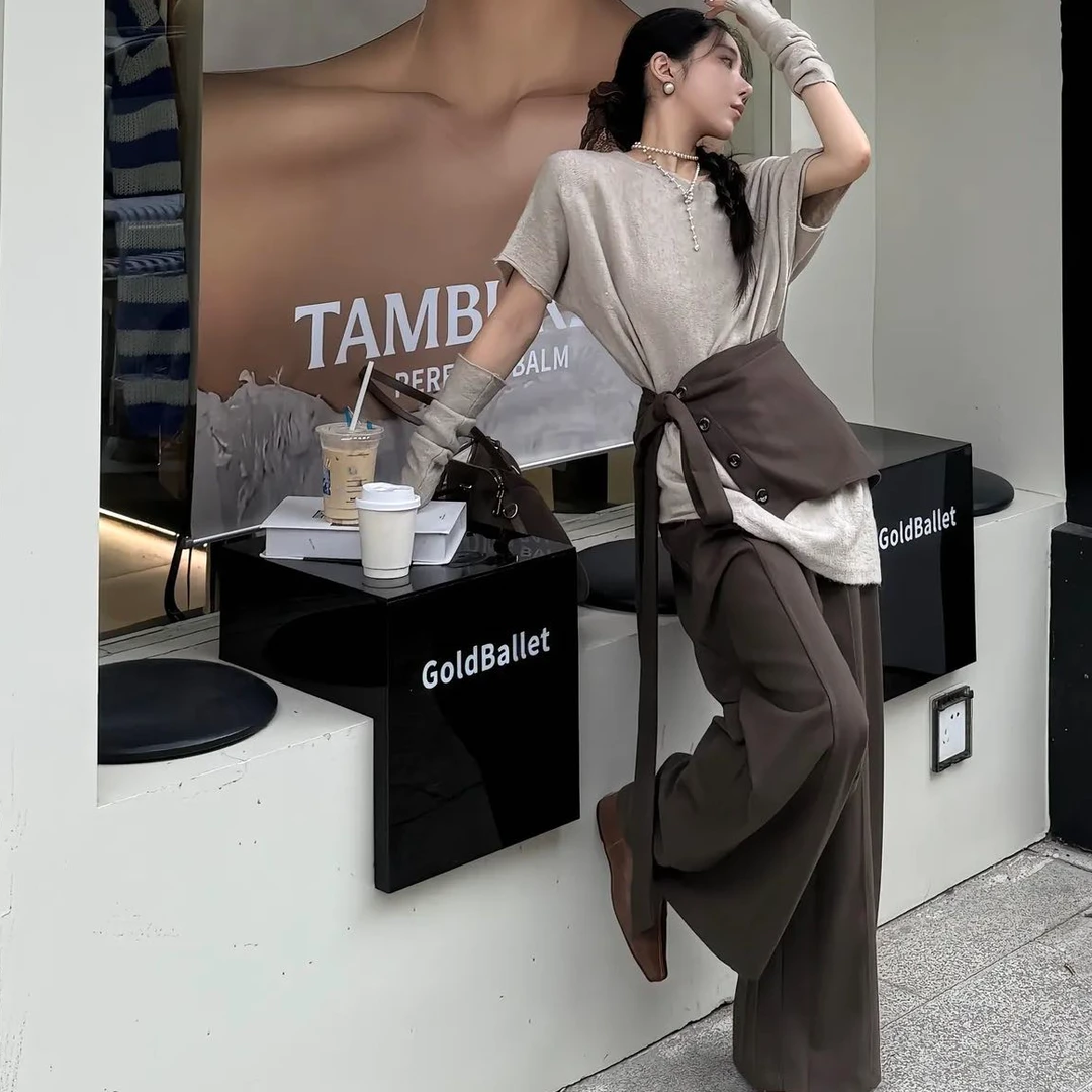 慵懒高级感斜肩设计感小众chic别致上衣女阔腿裤搭屁帘时尚穿搭潮