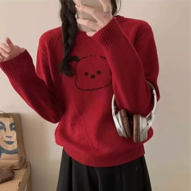 【卡通小狗】秋冬新款 软糯圆领慵懒套头针织衫毛衣女装