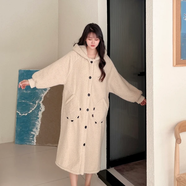 冬季小熊珊瑚绒加厚加绒睡袍女秋冬款2025新款保暖睡衣女家居服