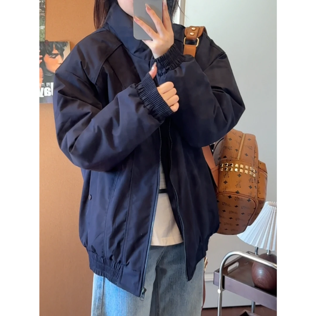 藏青色cleanfit棉服外套男款冬季斜切加厚夹克宽松立领工装外套